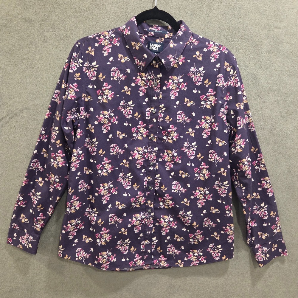 Lands End‎ No Iron Shirt Womens Size 12 Floral Supima Cotton Boho Classic Office